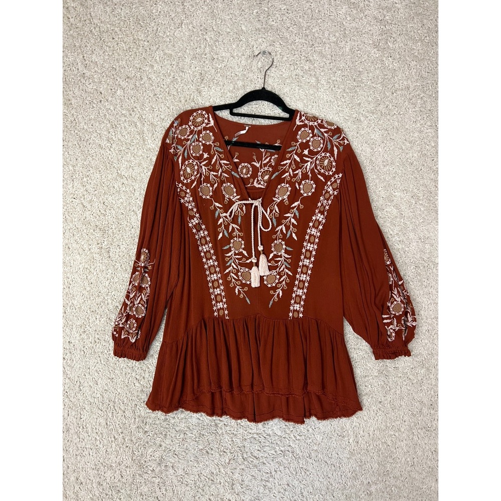 Free People Wild Dreams Embroidered Tunic Top Dress Medium Rust Long Sleeve